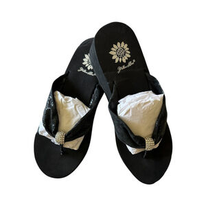 Women's Yellow Box Black Wedge Flip Flop Sandals Size 8 with Rhinestones